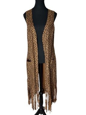 BEYOVE New Long Leopard Print Faux Suede Open Duster Vest Fringe Boho Medium